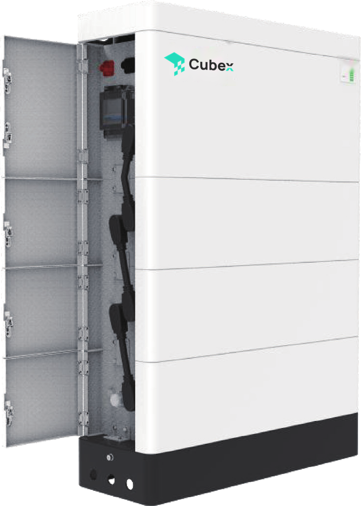 Athena HV Battery: a white stack of four battery modules on a black base, with the side cover open to show the cabling