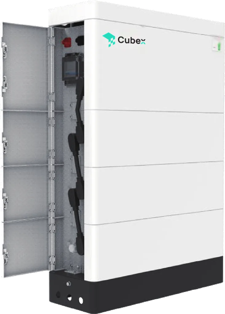 Athena HV Battery: a white stack of four battery modules on a black base, with the side cover open to show the cabling
