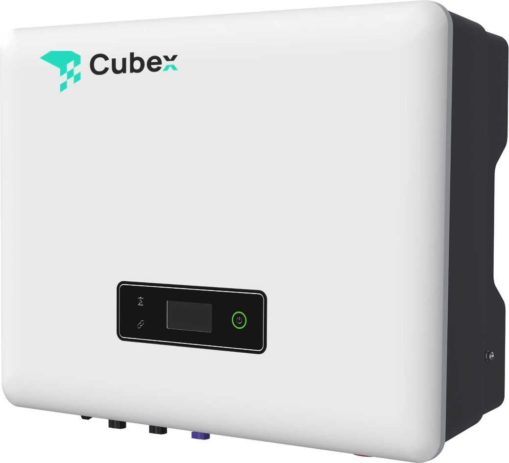 Athena hybrid inverter: a white wall-mounted unit with the Cubex logo, a small display and cable terminals underneath