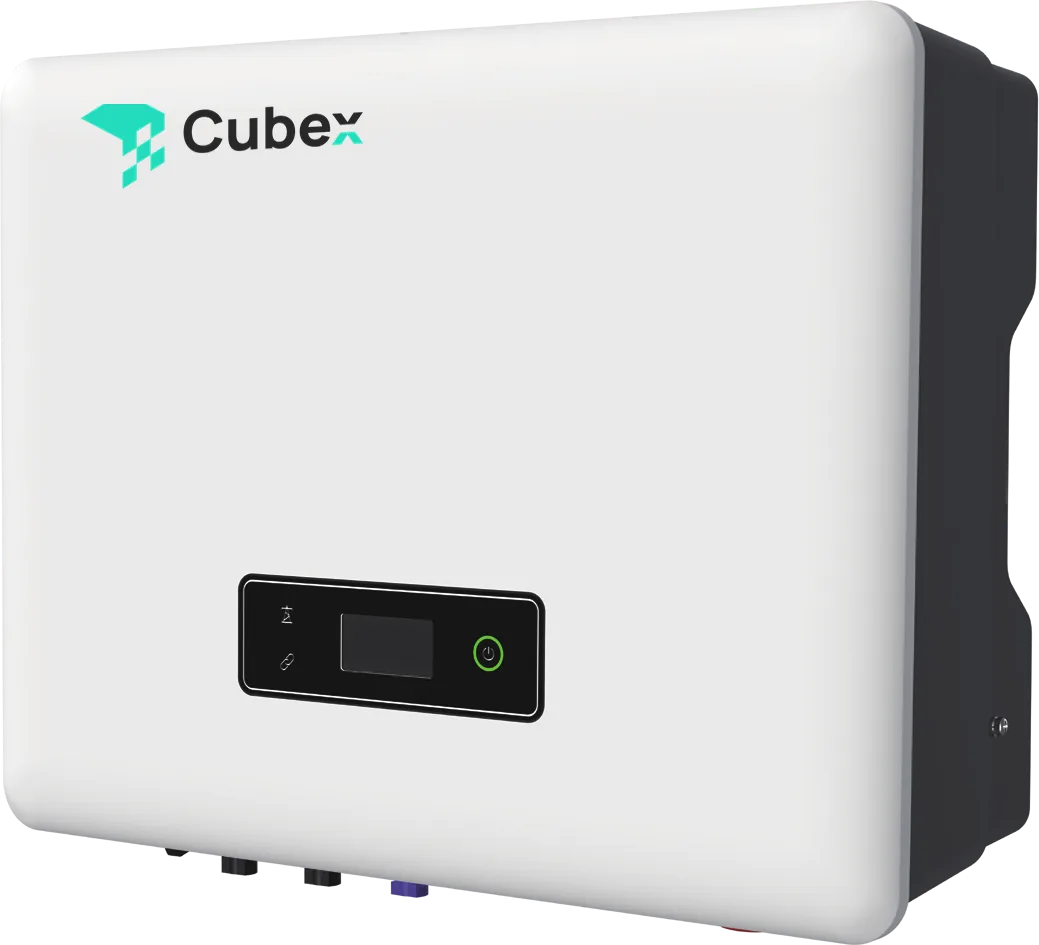 Athena hybrid inverter: a white wall-mounted unit with the Cubex logo, a small display and cable terminals underneath