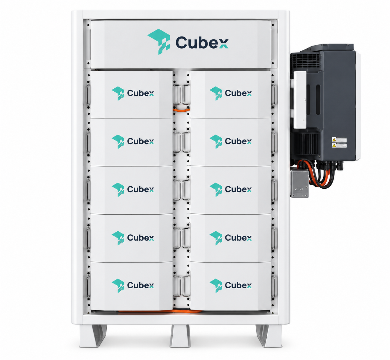 Cubex-112-DC battery cluster with stacked white Cubex battery packs, shown with a side-mounted hybrid inverter