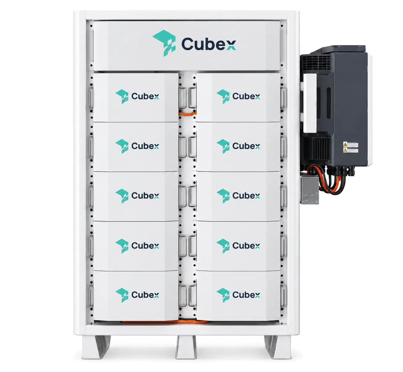Cubex-112-DC battery cluster with stacked white Cubex battery packs, shown with a side-mounted hybrid inverter