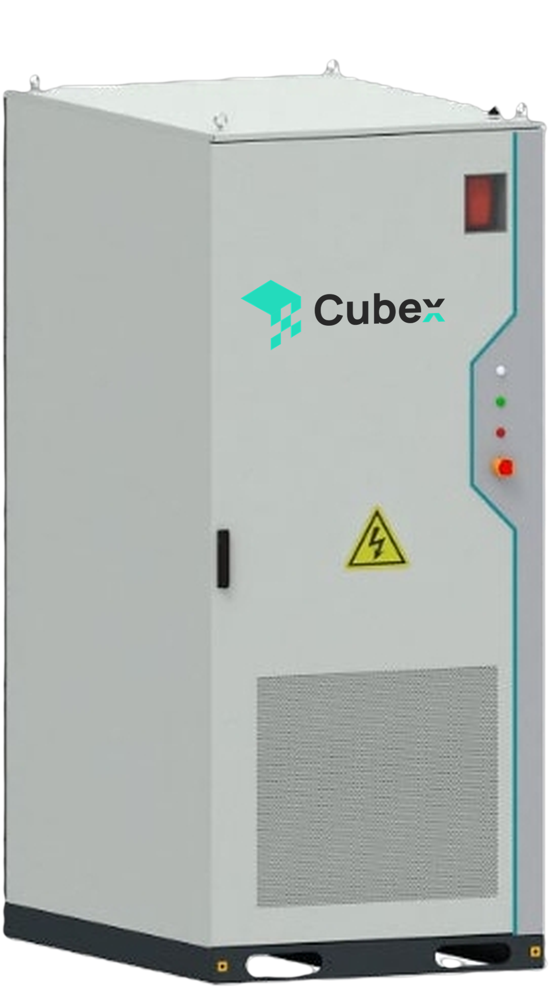 Cubex-261-DC outdoor battery cabinet in light grey with the Cubex logo, status lights and emergency stop on the door
