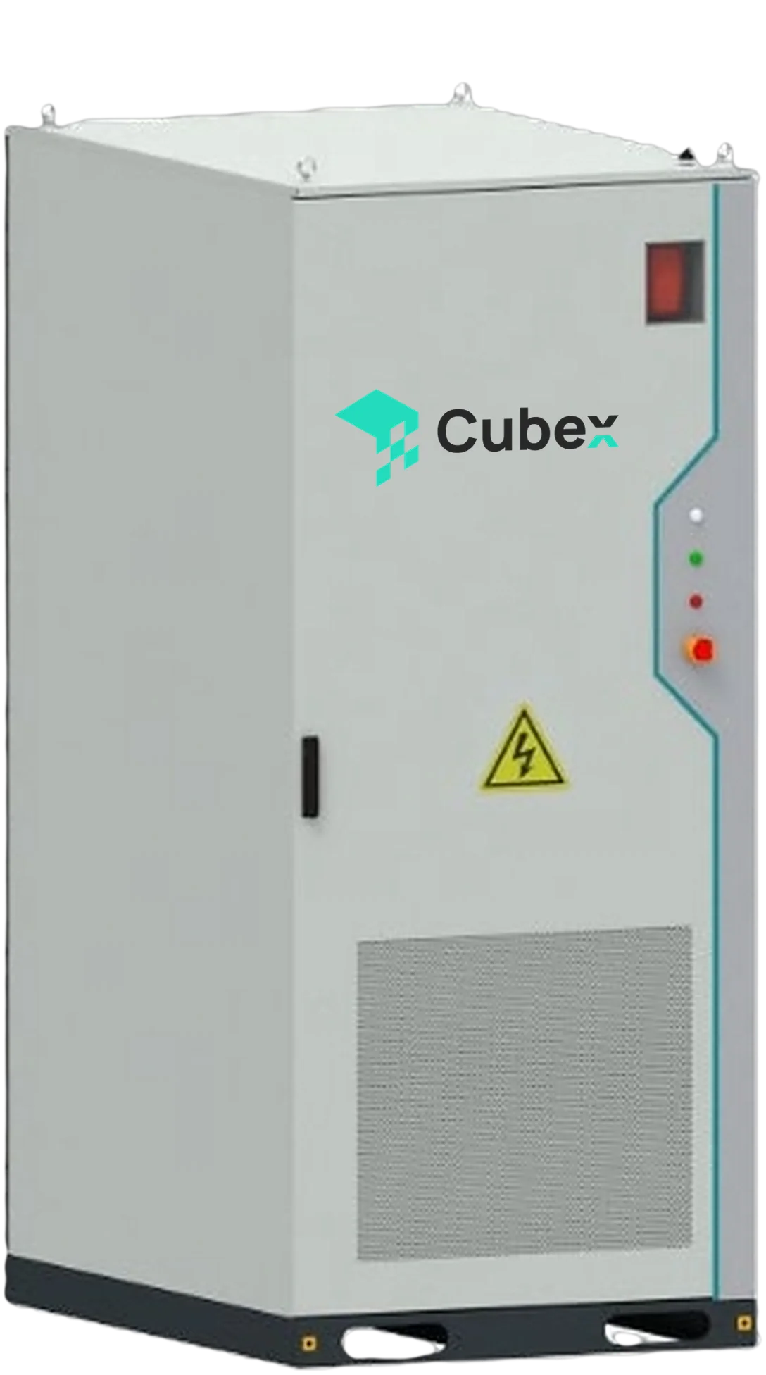Cubex-261-DC outdoor battery cabinet in light grey with the Cubex logo, status lights and emergency stop on the door