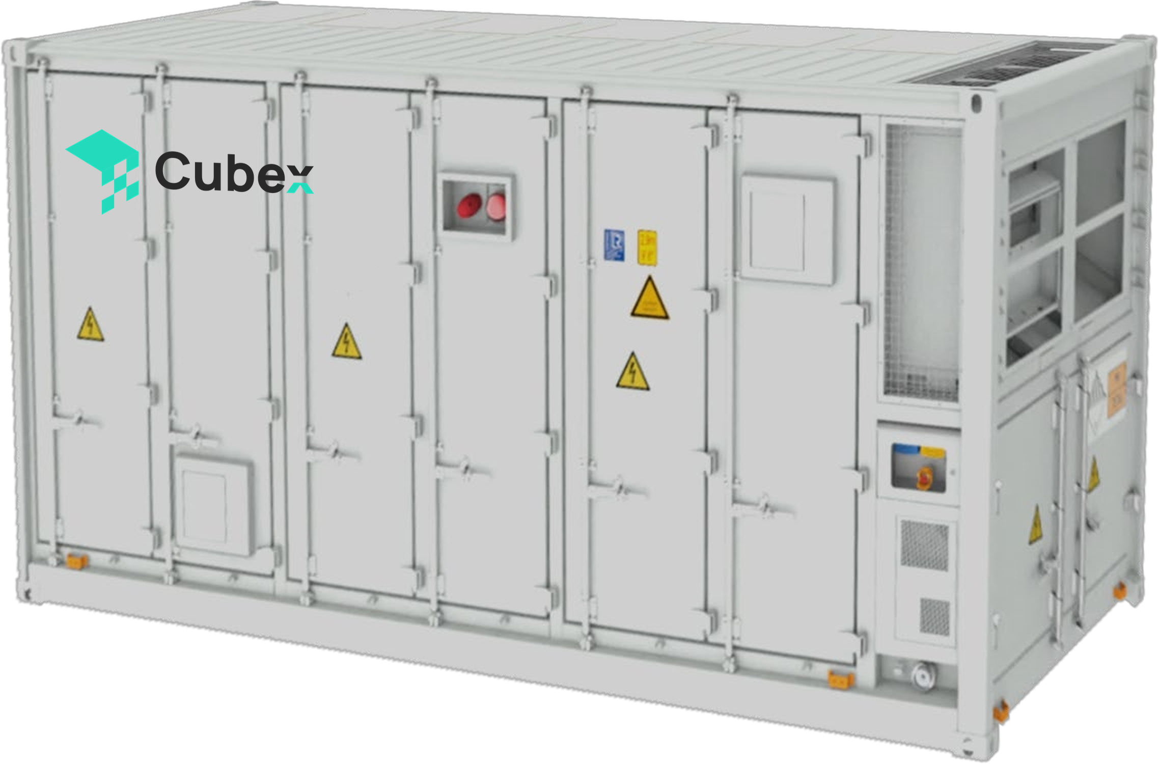 Cubex-5000-DC 20 ft battery container in light grey with service doors and a liquid cooling unit at one end