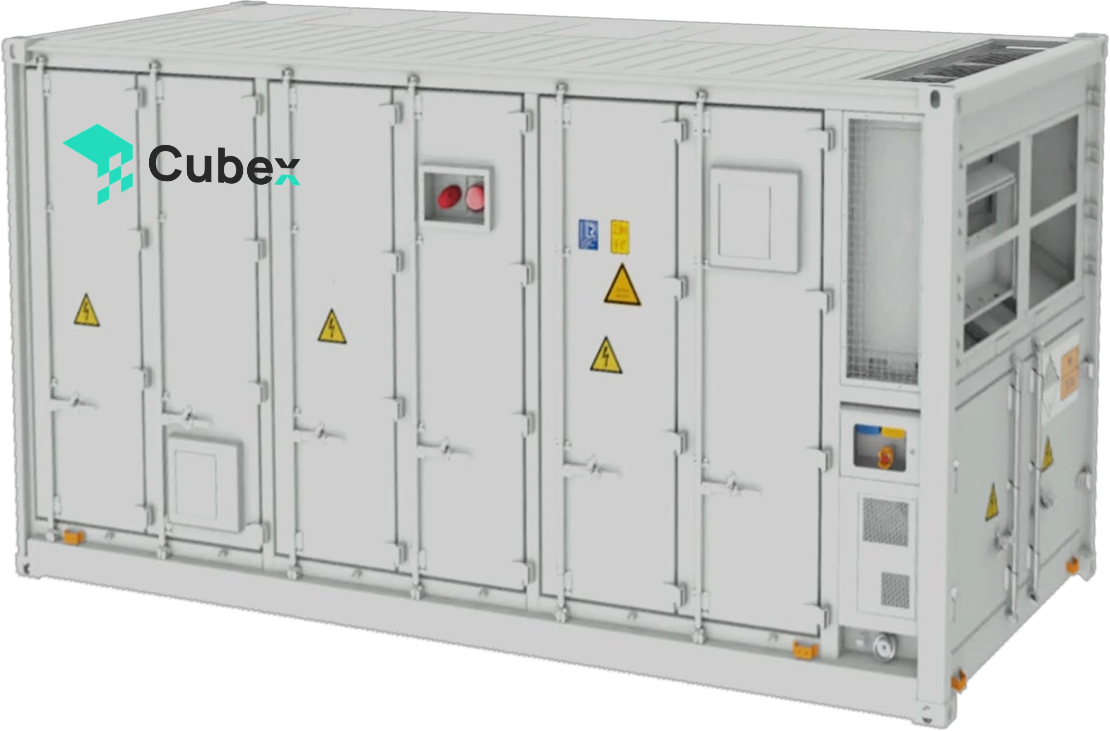 Cubex-5000-DC 20 ft battery container in light grey with service doors and a liquid cooling unit at one end